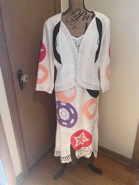 A. Song-Women’s White Embroidered Midi Skirt with Colorful Geometric Appliqué